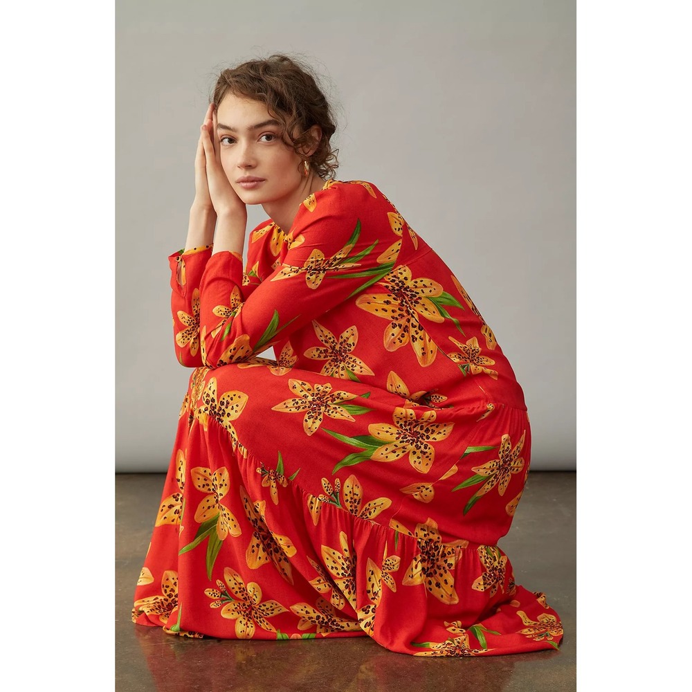 Farm Rio Maxi Dress Womens XL Red Golden Lily Boho Tiered Long Sleeve Viscose - Picture 2 of 10